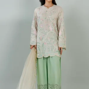 Pistachio Raw Silk Dress with Embroidered Dupatta