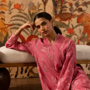 Dark Pink Raw Silk Kurta with Pink Culotte Set