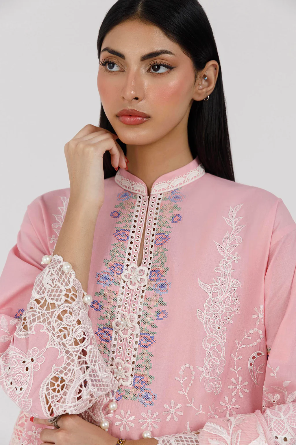 Pink Embroidered Lawn Suit with Zuri Shalwar Set - Image 4