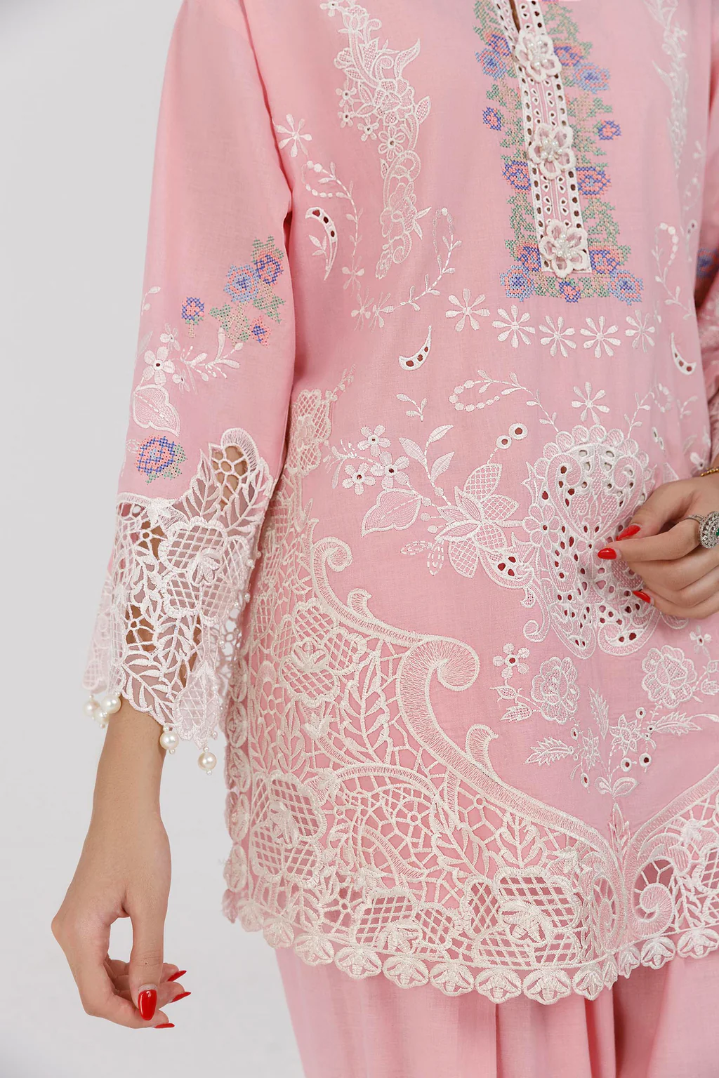 Pink Embroidered Lawn Suit with Zuri Shalwar Set - Image 3