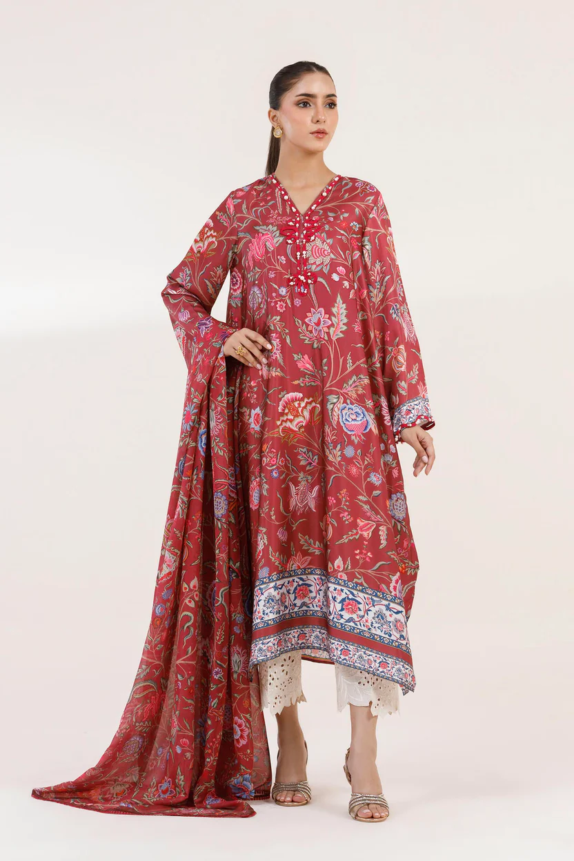 Maroon Satin Suit with Printed Dupatta for Women