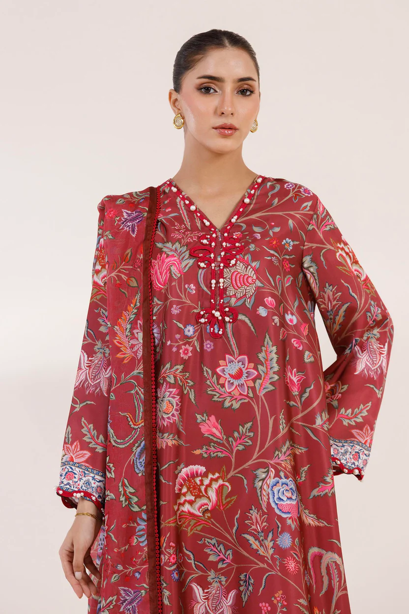 Maroon Satin Suit with Printed Dupatta for Women - Image 3