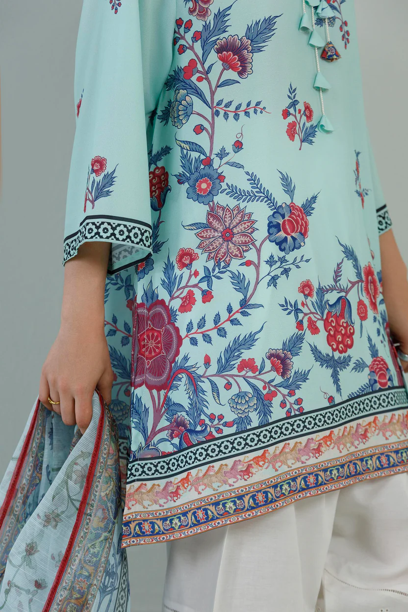 Light Green Crepe Dress with Printed Dupatta - Image 2