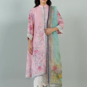 Baby Pink Crepe Dress with Printed Blue Dupatta